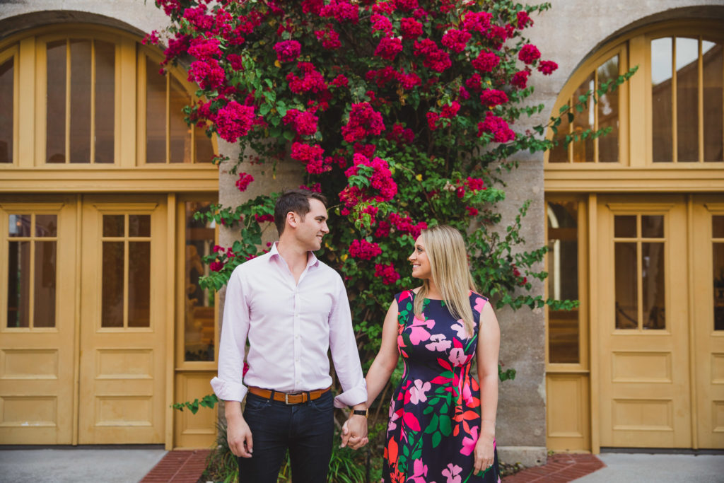 couple's engagement photos at lightner museum courtyard