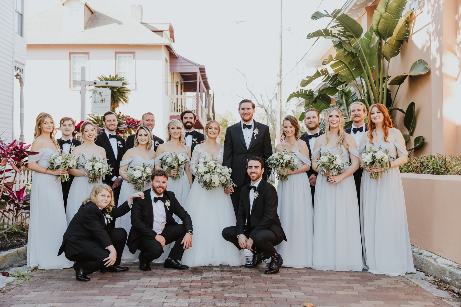 wedding party portrait in middle of st. augustine street 