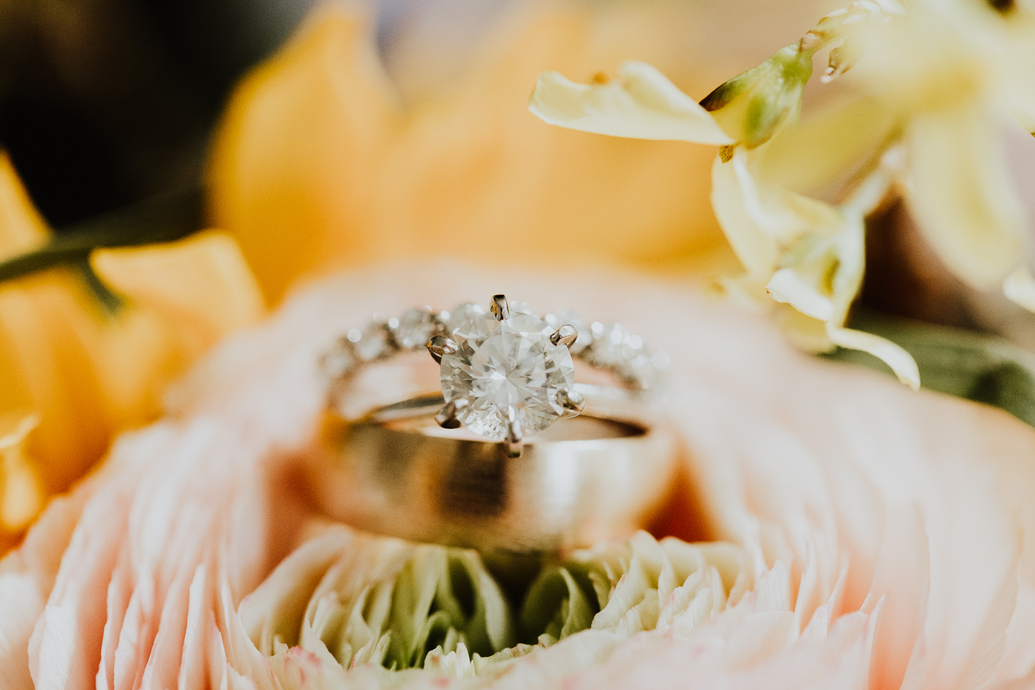wedding bands and engagement rings on beautiful florals 