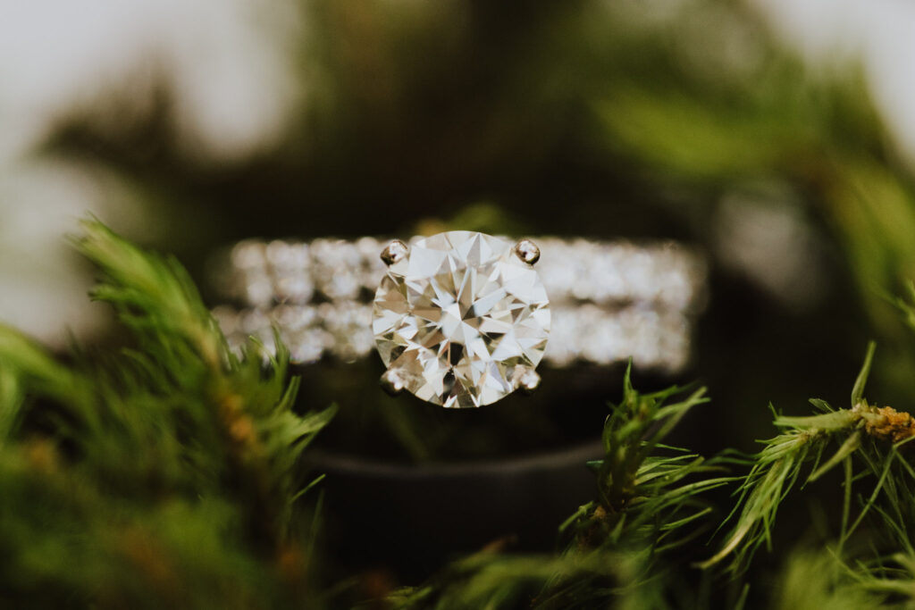 wedding ring and band on greenery