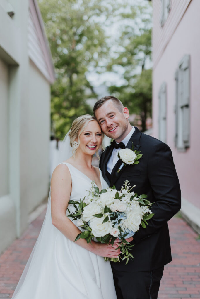 bride and groom portrait outside in alley in downtown st. augustine