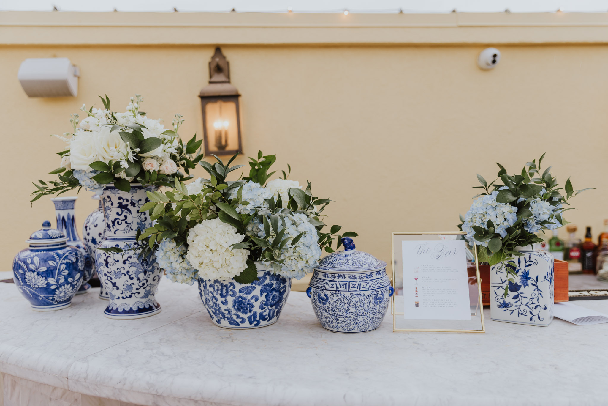 blue and white china as wedding reception decorations